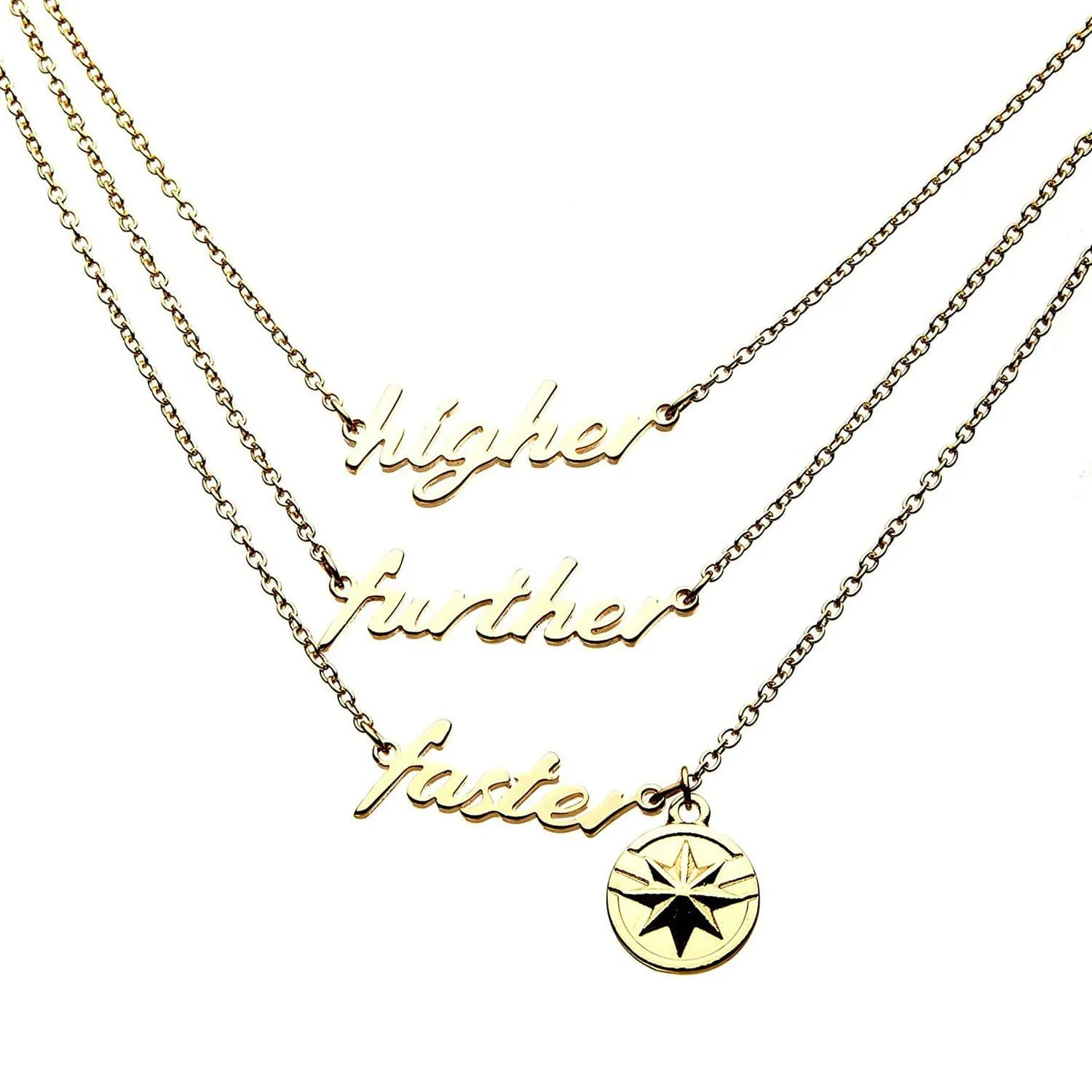 Marvel Captain Marvel Higher Further Faster Gold 3 Tiered Pendant Necklace