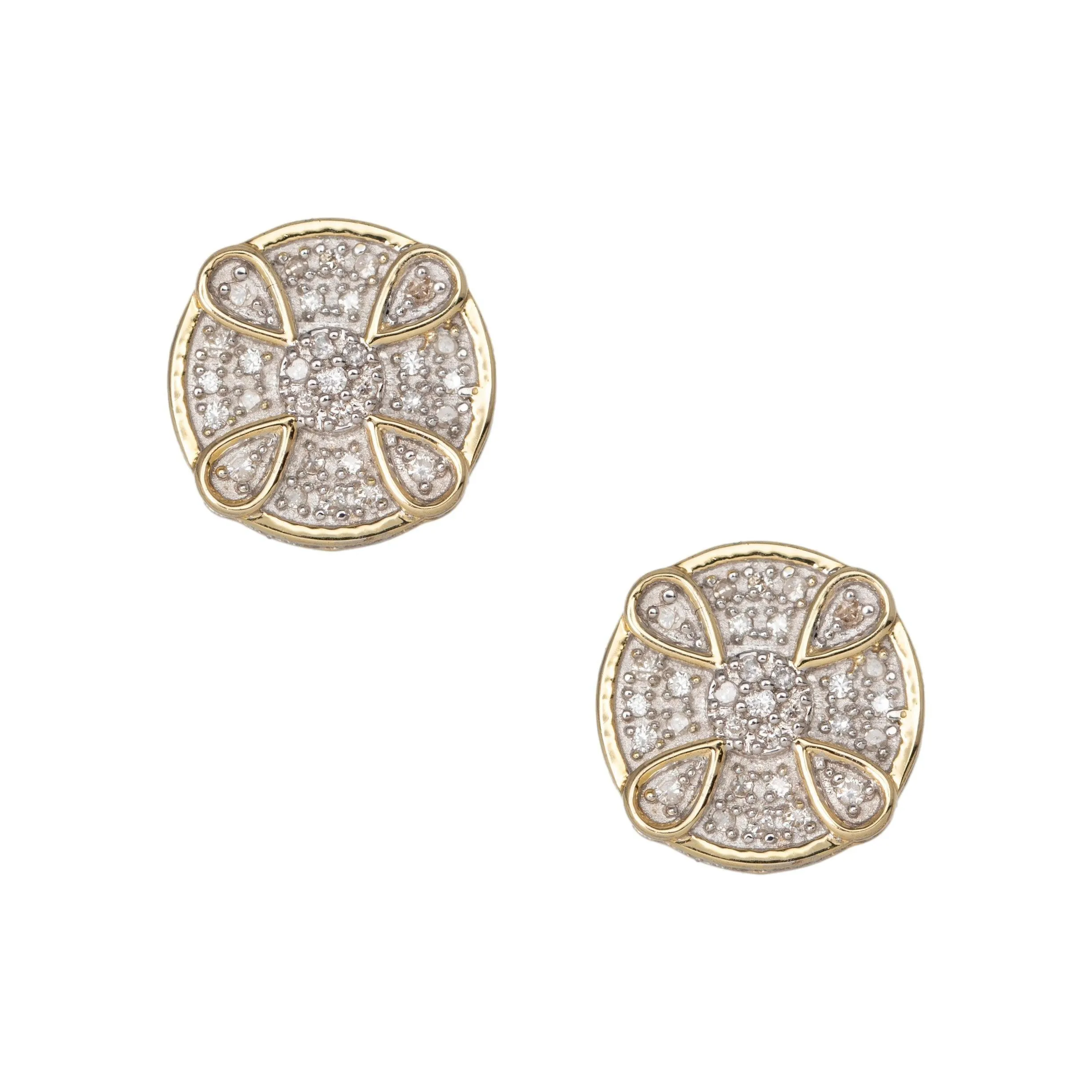 Men's Drop Design Micro-Pavé Round Diamond Stud Earrings 0.32ct 10K Yellow Gold