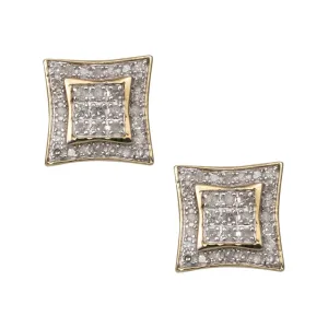 Men's Halo Micro-Pavé Concave Square Diamond Stud Earrings 0.29ct 10K Yellow Gold