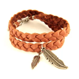 Mens Rust Braided Deerskin Bracelet with Silver Feather Pendants