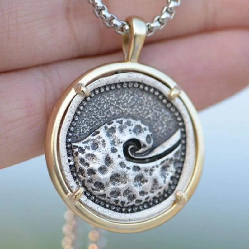 Men's Sea Wave Surfer Style Pendant Necklace in Vintage Silver or Gold (20"/50cm Chain)