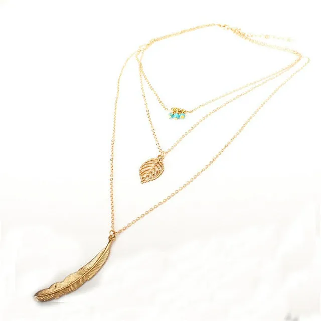 MissCyCy Fashion Simple  Necklaces Leaf Long Pendant Necklaces 3 Layer Chain Necklace multilayer Necklaces