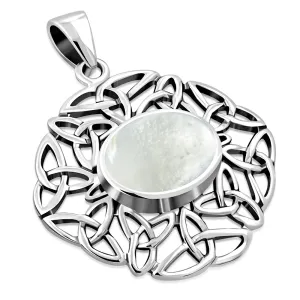 Mother Of Pearl Shell Oval Celtic Knot Silver Pendant