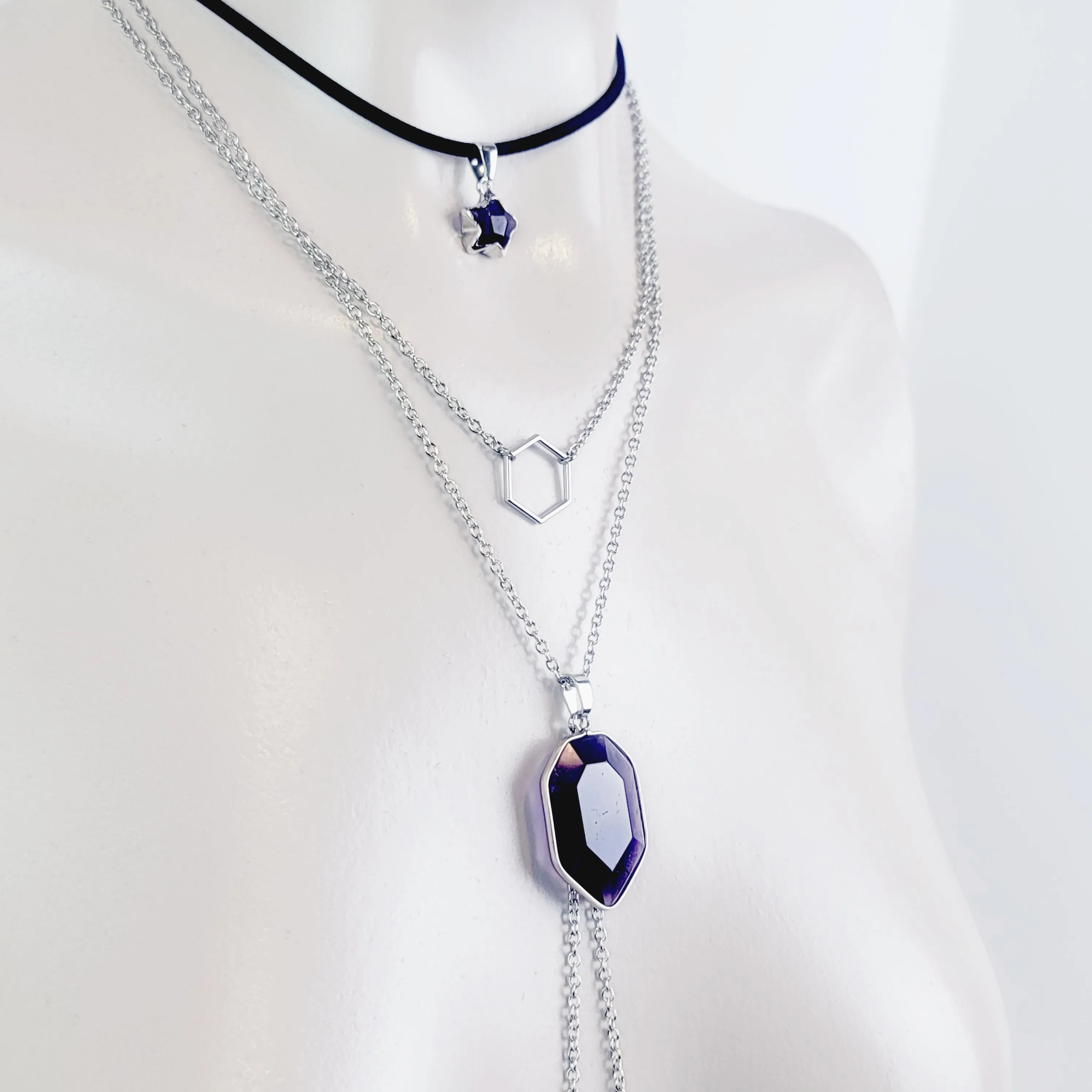 Multi Necklace Set with Amethyst- Necklace to Nipple, Non Piercing and Nipple Clamp Options.