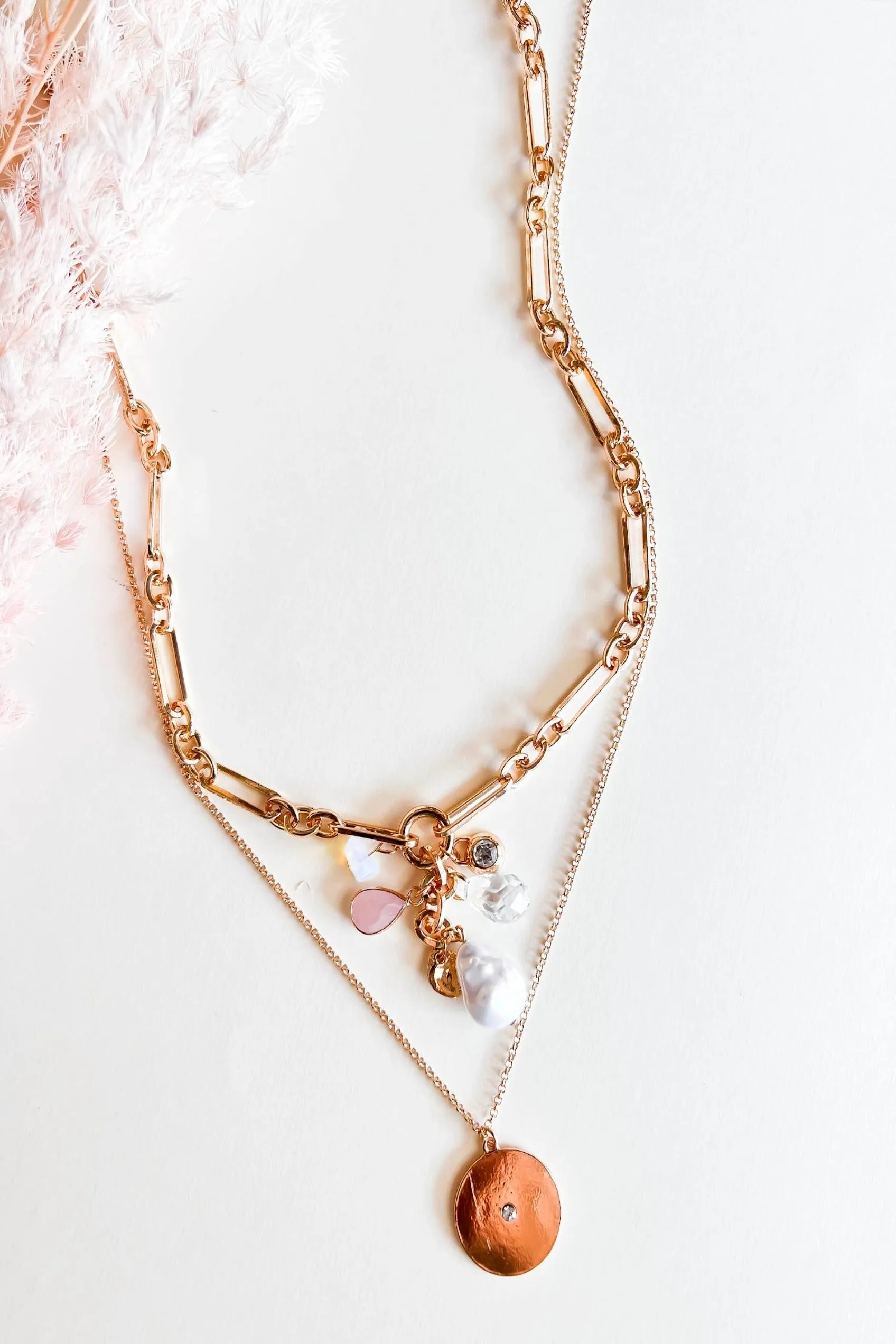 Natalie Layered Charm Necklace | Gold Chains with Pearl Pink and Gold Charms | Two Tiered Long Layering Chain Necklace