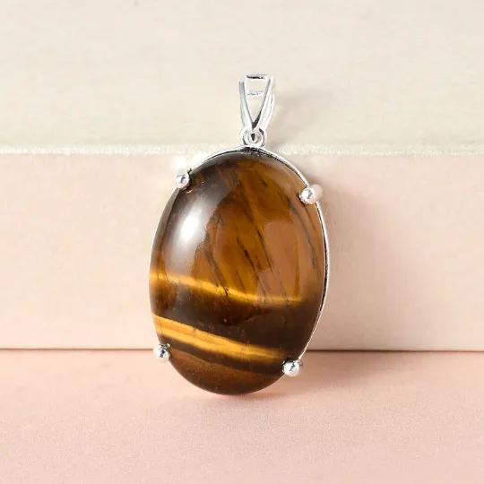 Natural Oval Cut Tiger's Eye Solitaire Birthstone Statement Pendant - 925 Sterling Silver Pendant