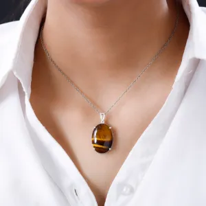 Natural Oval Cut Tiger's Eye Solitaire Birthstone Statement Pendant - 925 Sterling Silver Pendant