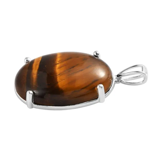 Natural Oval Cut Tiger's Eye Solitaire Birthstone Statement Pendant - 925 Sterling Silver Pendant