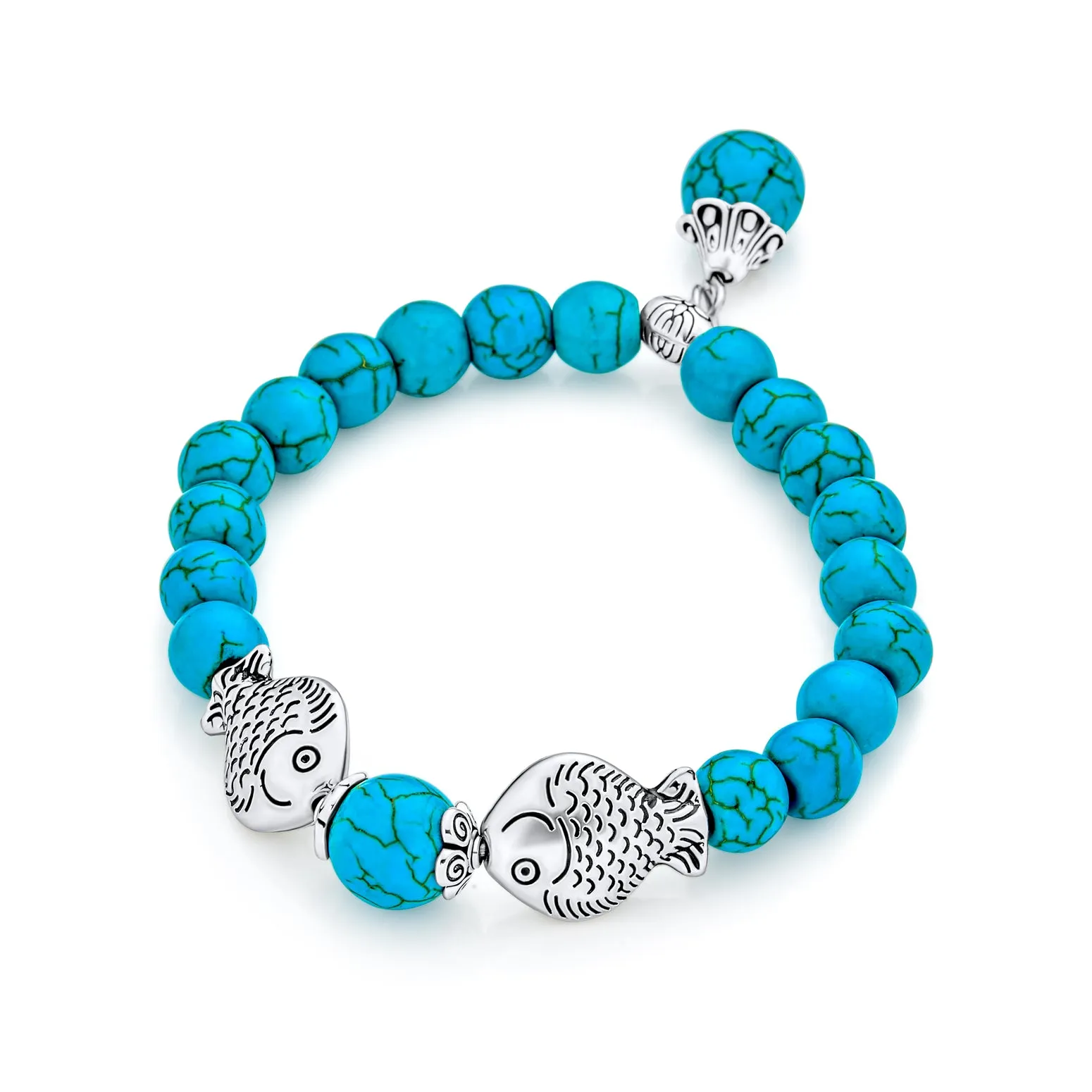 Nautical Blue Turquoise Pisces Charm Stretch Bracelet with Silver Plated Beads