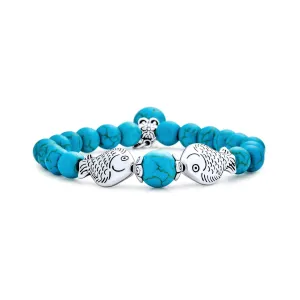 Nautical Blue Turquoise Pisces Charm Stretch Bracelet with Silver Plated Beads