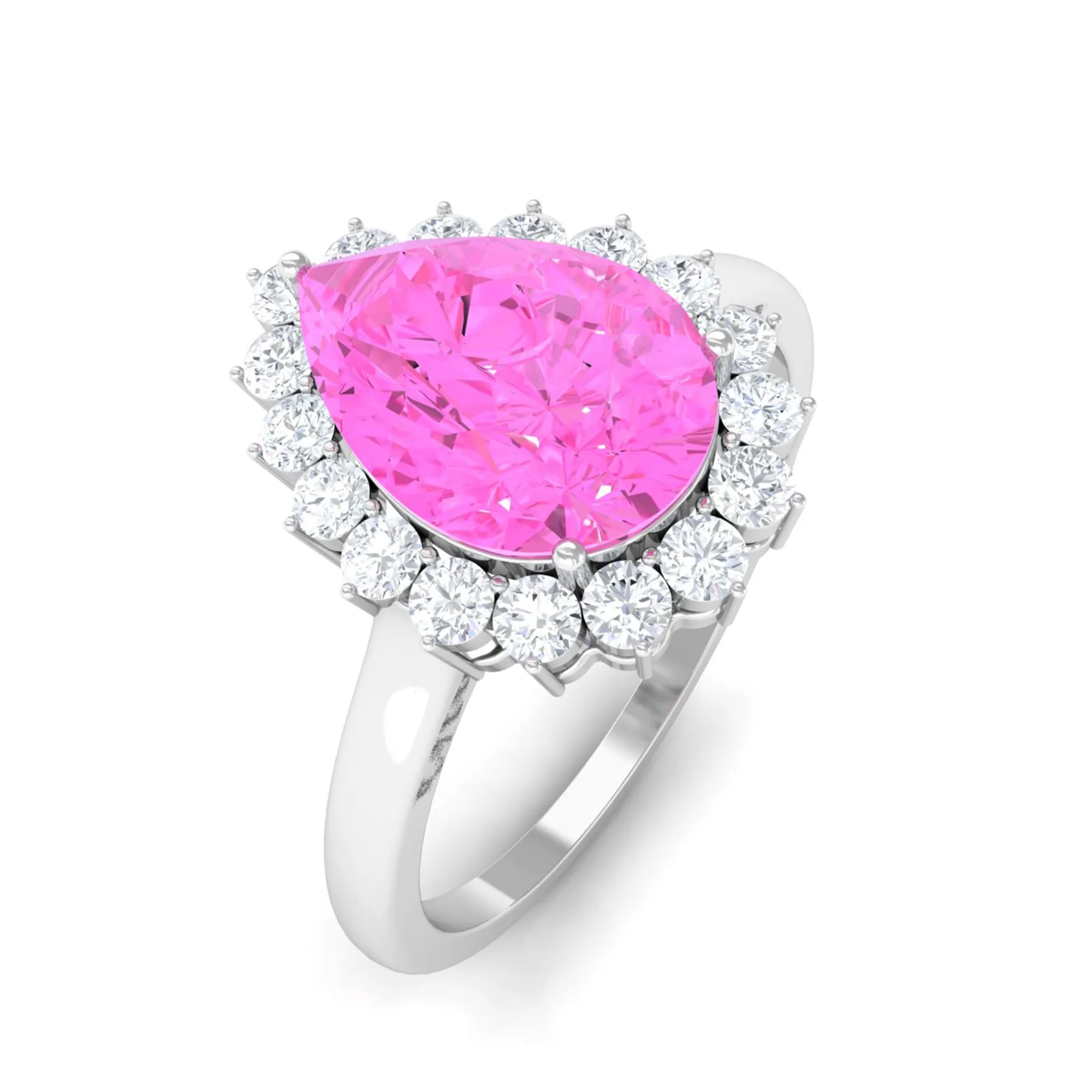 Pear Created Pink Sapphire and Diamond Halo Engagement Ring