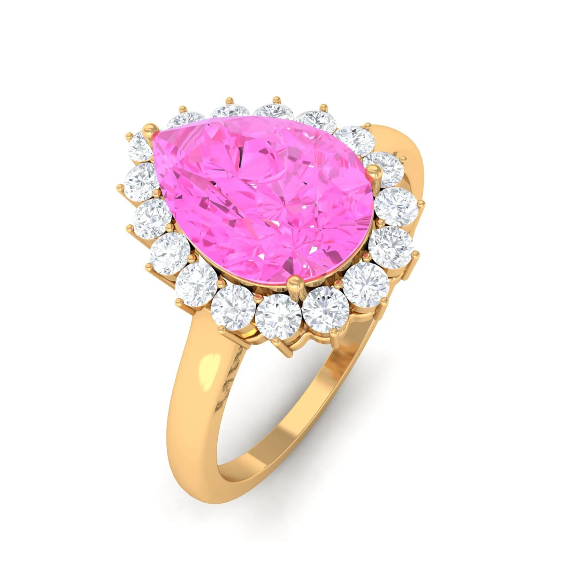 Pear Created Pink Sapphire and Diamond Halo Engagement Ring