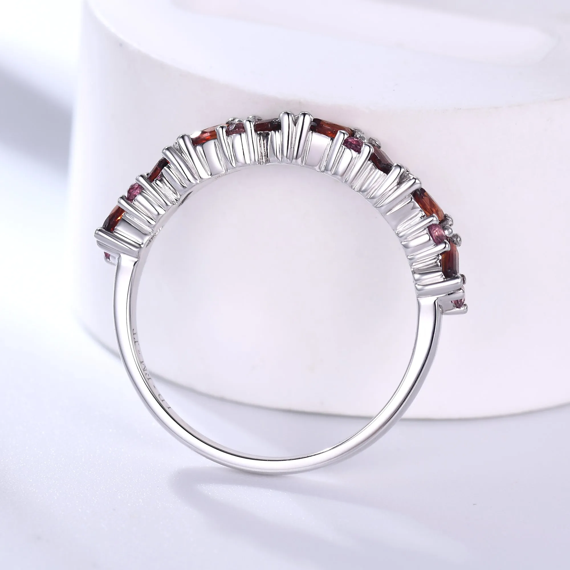 Red Garnet Cluster Wedding Band Pink Sapphire Stacking Ring for Women/Family