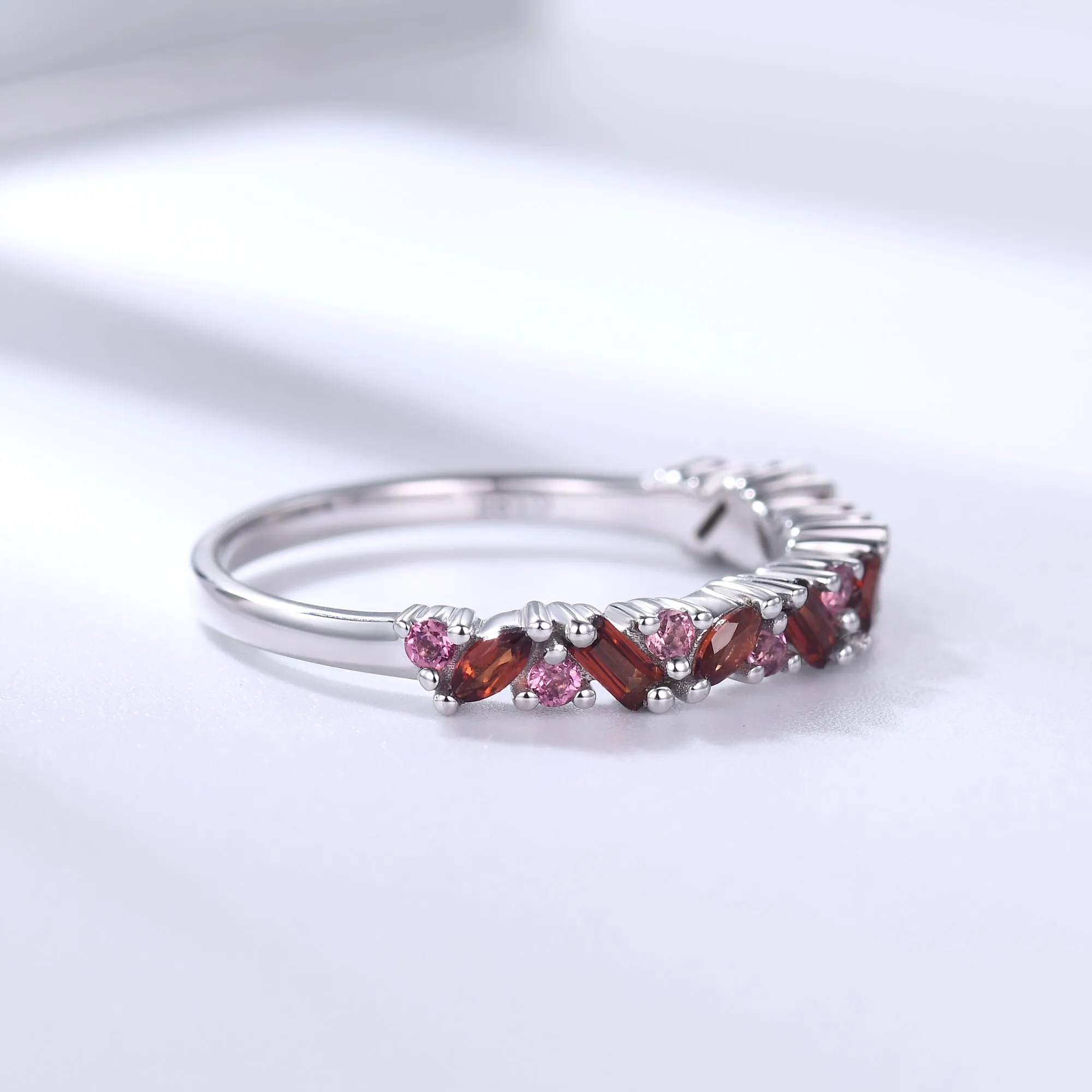 Red Garnet Cluster Wedding Band Pink Sapphire Stacking Ring for Women/Family