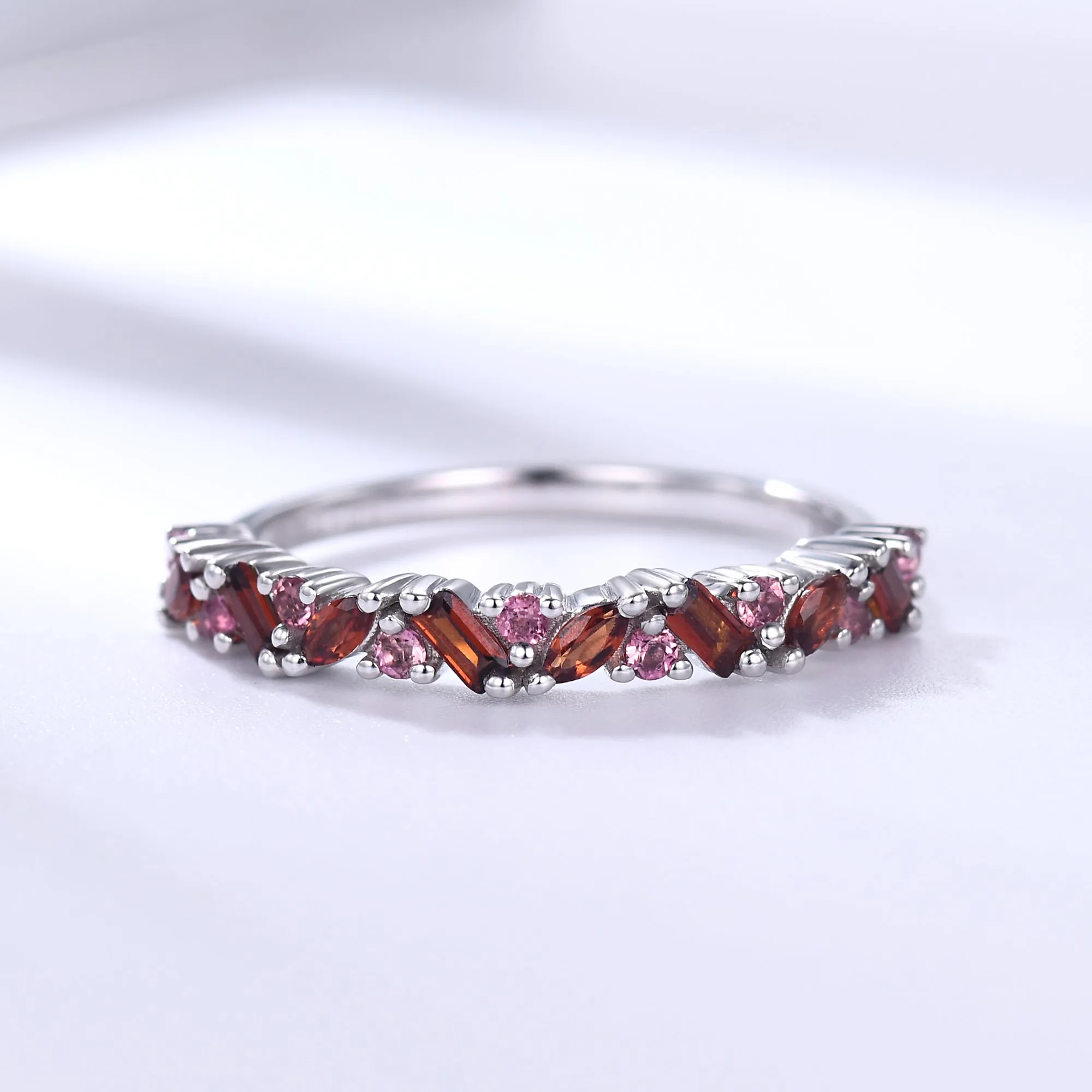 Red Garnet Cluster Wedding Band Pink Sapphire Stacking Ring for Women/Family