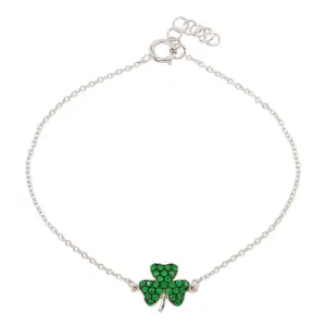 Rhodium Plated 925 Sterling Silver Clover Bracelet with Green CZ