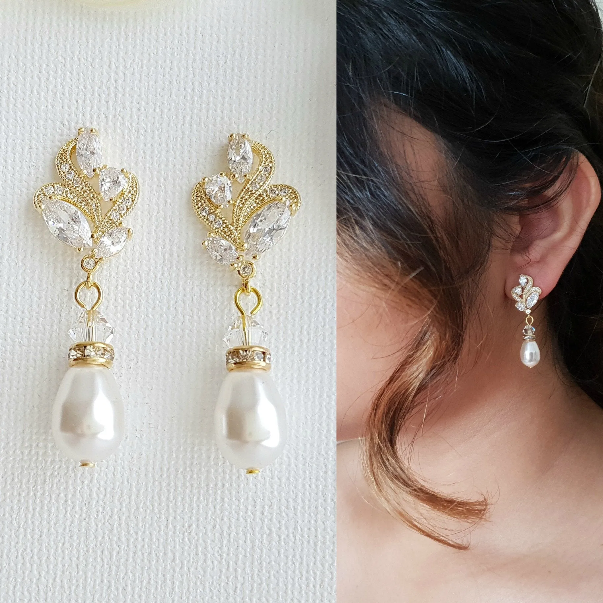 Rose Gold Bridal Earrings With Pearl Drops-Wavy