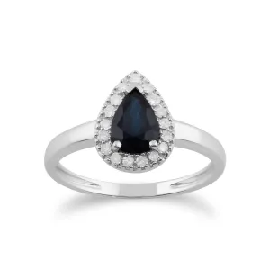 Saphir Ring, 9 Karat Weiss Gold 0.85ct ct BLAUER SAPHIR & Diamant Birne Haufen Ring