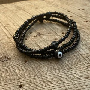 SariBlue® Black Evil Eye and Skull Monochrome Bracelet Stack