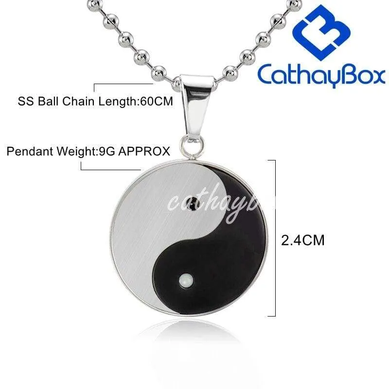 Silver Black Stainless Steel Yin Yang Taichi Pendant Necklace SS Sausage Chain 60cm Long