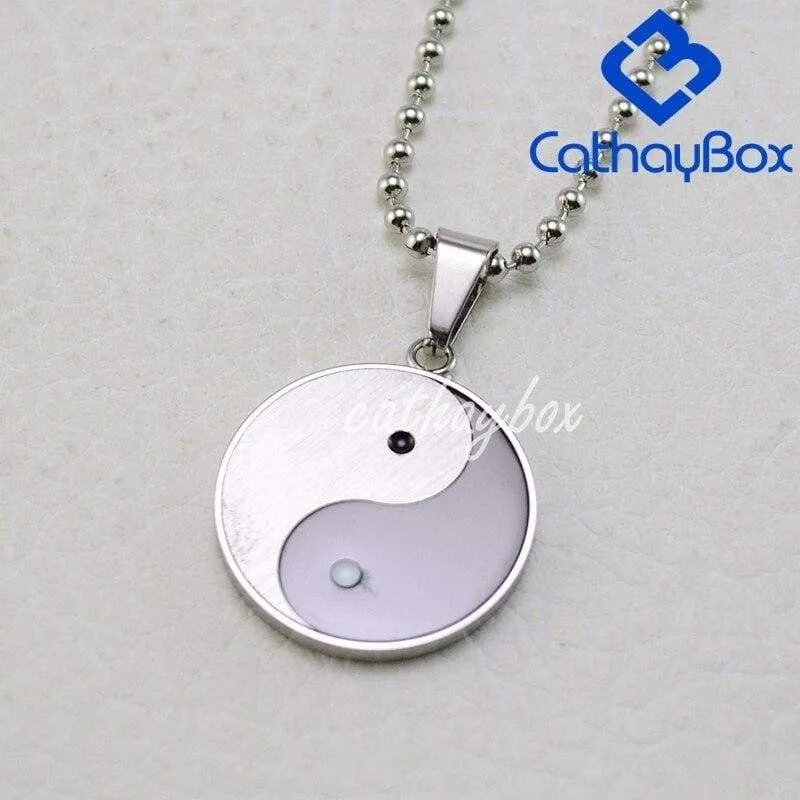 Silver Black Stainless Steel Yin Yang Taichi Pendant Necklace SS Sausage Chain 60cm Long