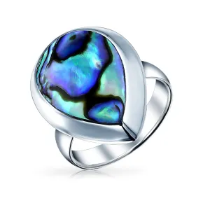 Silver Ring with Teardrop Bezel Rainbow Shell Abalone Boho Fashion Statement