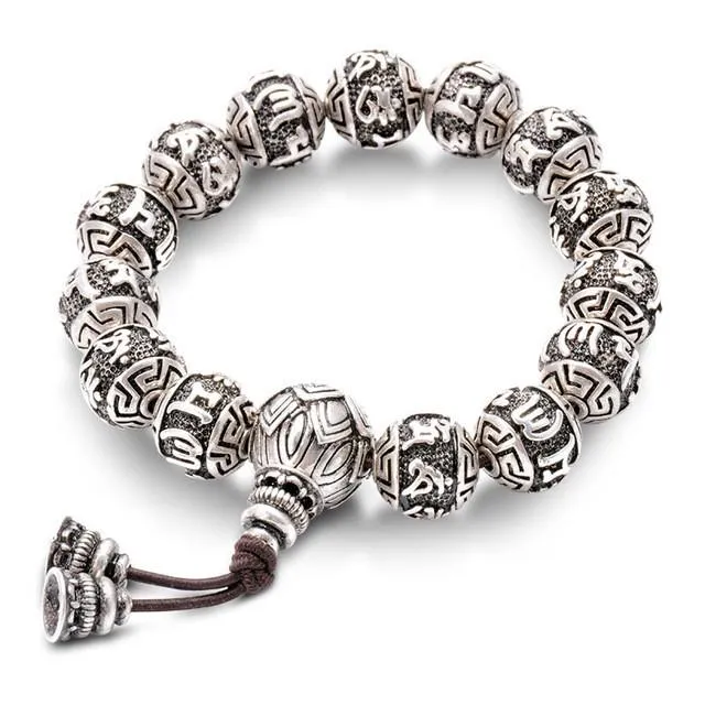 Six Words Ancient Lotus Silver Prayer Beads - Bracelets For Men