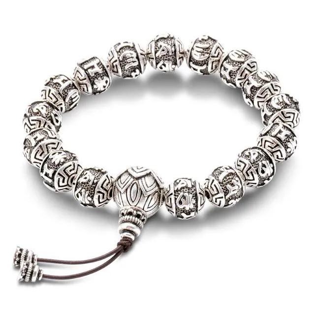 Six Words Ancient Lotus Silver Prayer Beads - Bracelets For Men