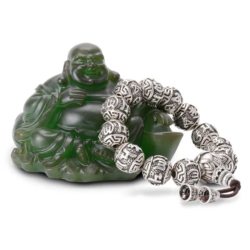 Six Words Ancient Lotus Silver Prayer Beads - Bracelets For Men