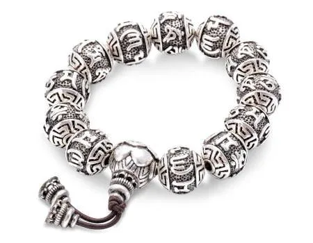 Six Words Ancient Lotus Silver Prayer Beads - Bracelets For Men