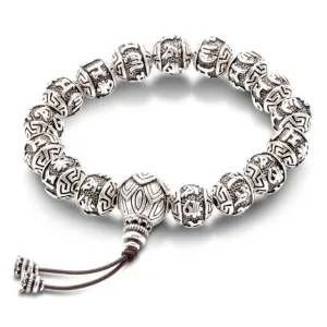 Six Words Ancient Lotus Silver Prayer Beads - Bracelets For Men