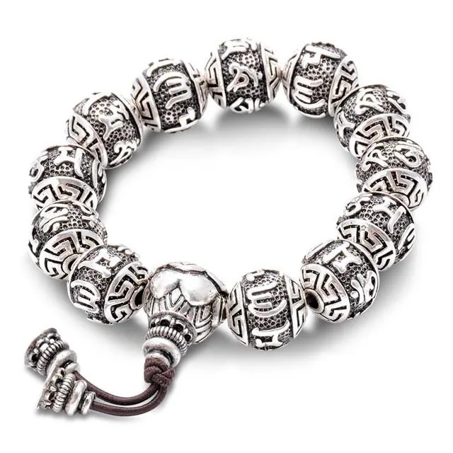 Six Words Ancient Lotus Silver Prayer Beads - Bracelets For Men