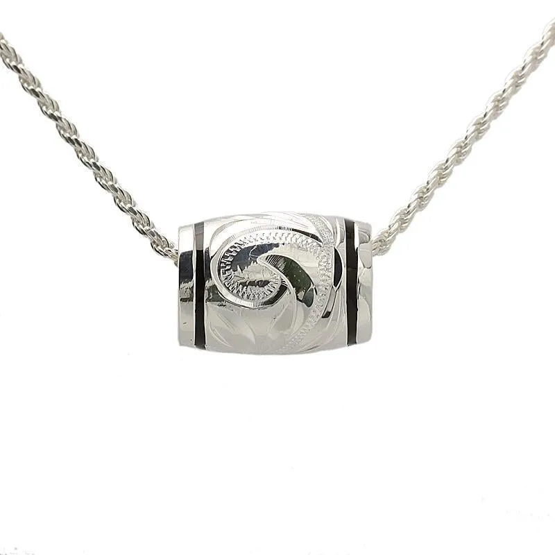 Sterling Silver Hawaiian Scroll Barrel with Black Border Pendant (S/M) (Chain Sold Separately)