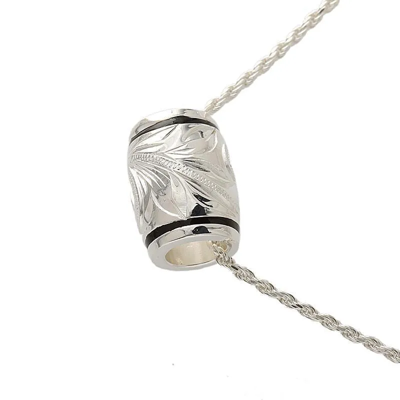 Sterling Silver Hawaiian Scroll Barrel with Black Border Pendant (S/M) (Chain Sold Separately)