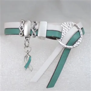 Teal & White Awareness  Leather Bracelet Buckle Style