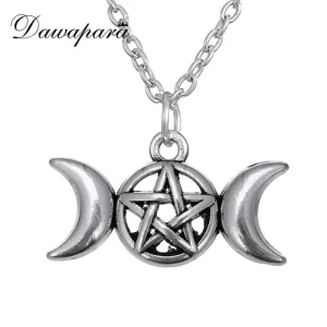 Triple Moon Goddess Wicca Pentagram Magic Amulet Talisman Men Pendant Moon Necklace Women Tibetan Vintage Jewelry