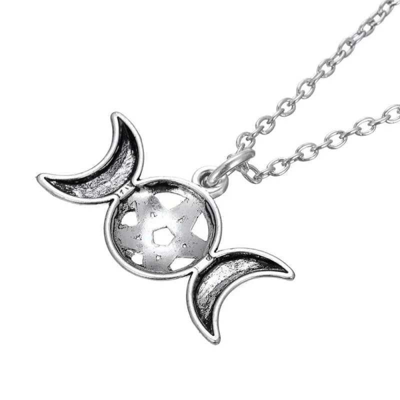 Triple Moon Goddess Wicca Pentagram Magic Amulet Talisman Men Pendant Moon Necklace Women Tibetan Vintage Jewelry