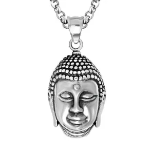 Vintage Look Silver Stainless Steel Buddha Head Pendant Necklace 60CM SS Chain