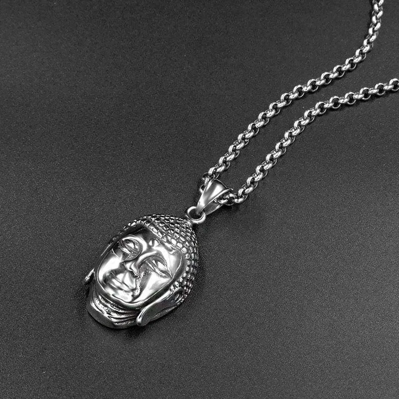 Vintage Look Silver Stainless Steel Buddha Head Pendant Necklace 60CM SS Chain