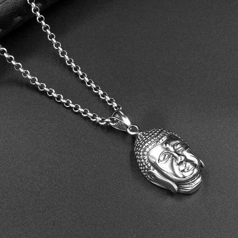 Vintage Look Silver Stainless Steel Buddha Head Pendant Necklace 60CM SS Chain