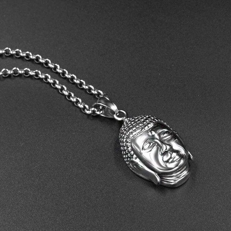 Vintage Look Silver Stainless Steel Buddha Head Pendant Necklace 60CM SS Chain