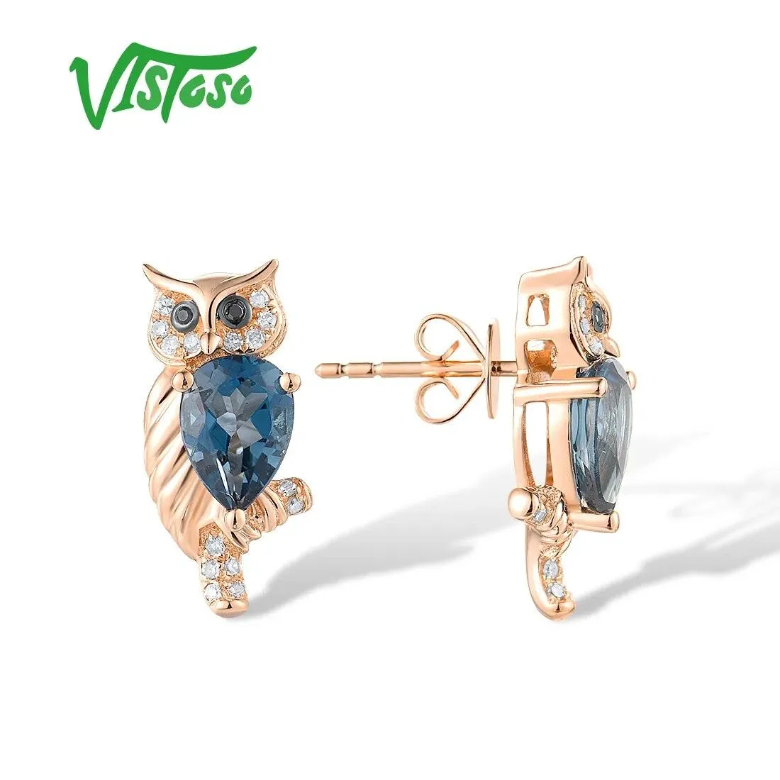 VISTOSO Genuine 14K 585 Rose Gold Earrings For Women White Black Diamonds London Blue Topaz Owl Screw Fine Lovely Jewelry