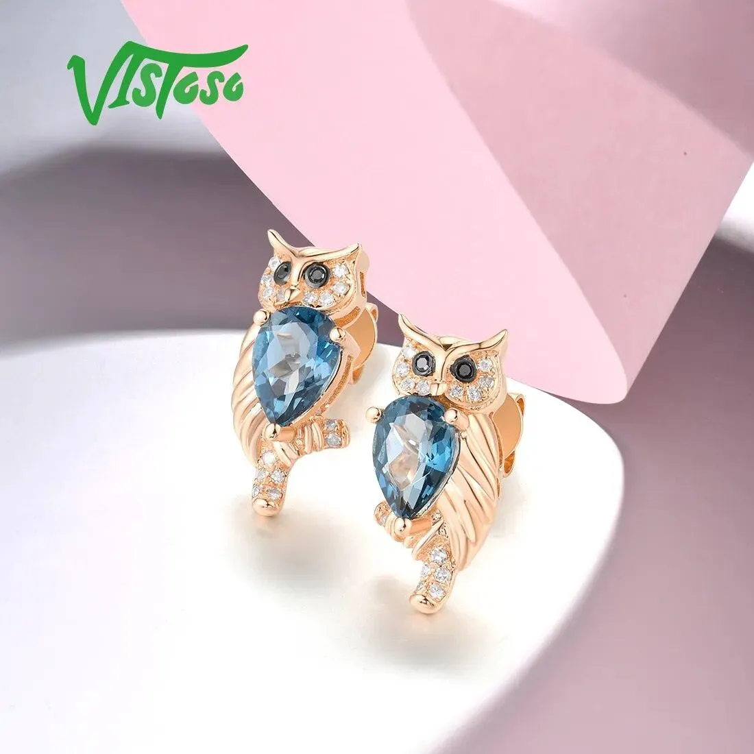 VISTOSO Genuine 14K 585 Rose Gold Earrings For Women White Black Diamonds London Blue Topaz Owl Screw Fine Lovely Jewelry