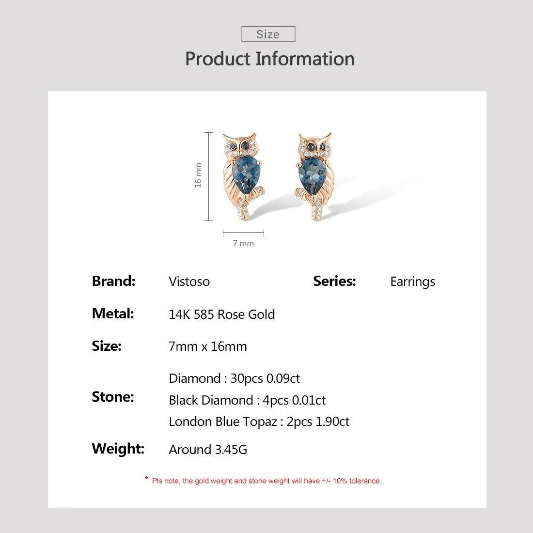 VISTOSO Genuine 14K 585 Rose Gold Earrings For Women White Black Diamonds London Blue Topaz Owl Screw Fine Lovely Jewelry