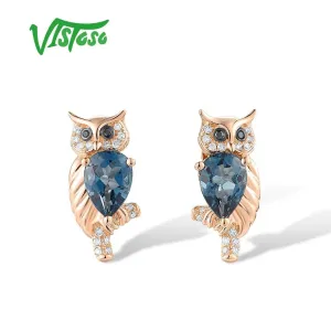 VISTOSO Genuine 14K 585 Rose Gold Earrings For Women White Black Diamonds London Blue Topaz Owl Screw Fine Lovely Jewelry