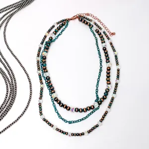 Wild West Faux Navajo Three Strand Pearl Necklace and Chain with AB Crystals throughout in Patina Tone